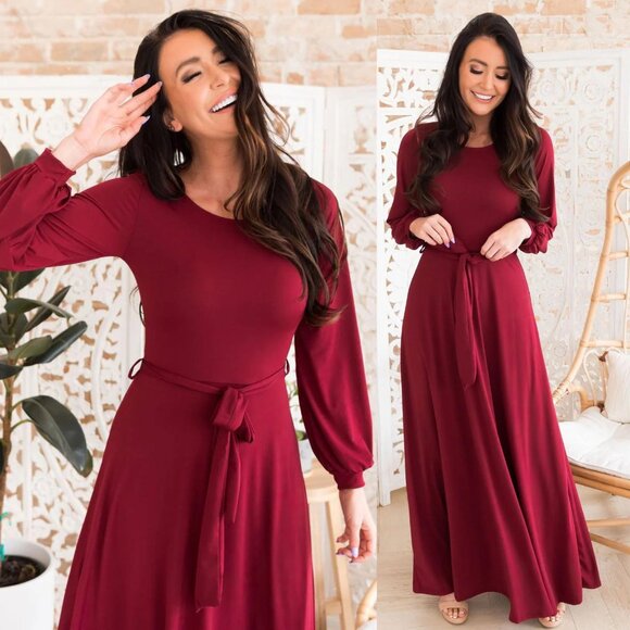 Vintage Dresses & Skirts - Vintage Y2K burgundy maxi dress balloon sleeve witchy autumnal stretchy medium